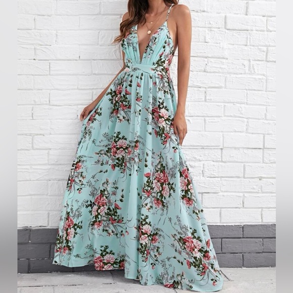 Boho Criss Cross Backless Open Back Floral Print Cami Maxi Dress - Picture 5 of 6